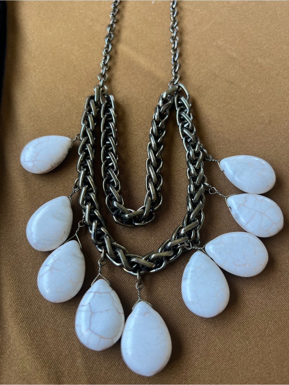White Teardrop Statement Necklace with Antique Gold Chain